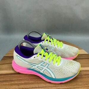 Asics Women's White Running Shoes with Neon Yellow Laces and Pink Accents